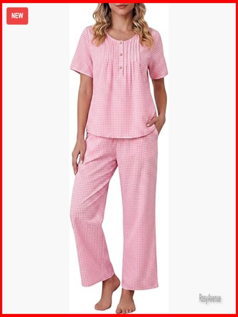 Womens Gingham Pajama Set Half Sleeve Wide Leg Pants Matching Lounge